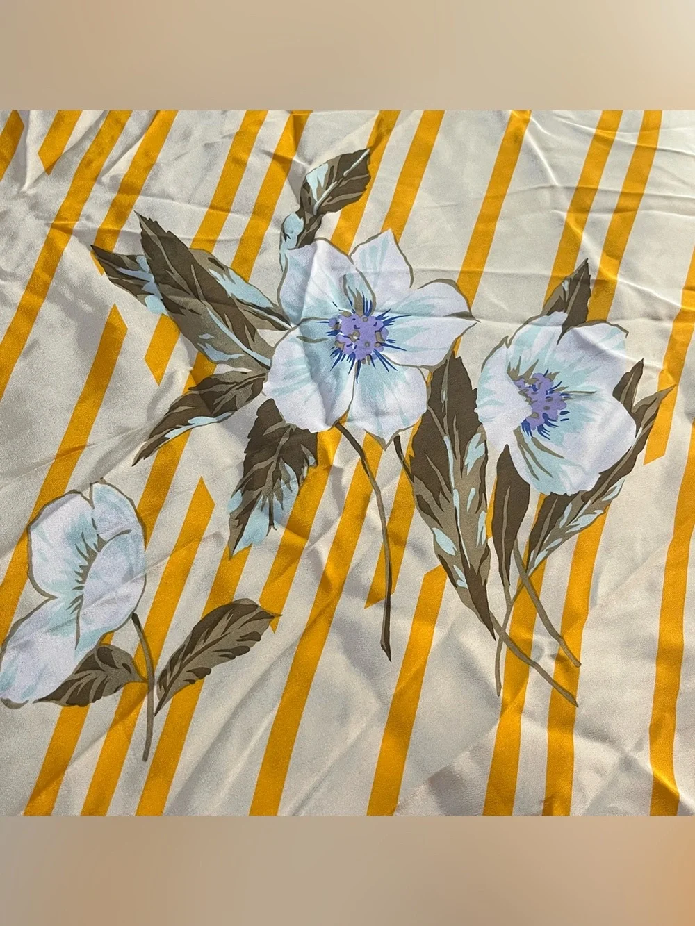 Vintage Christian Dior Silk Scarf 70s Floral Stripe Gold Hand Rolled 27 Inch